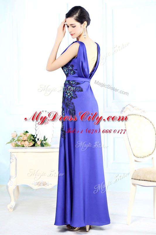 Most Popular Scoop Sleeveless Prom Dress Floor Length Appliques Blue Satin