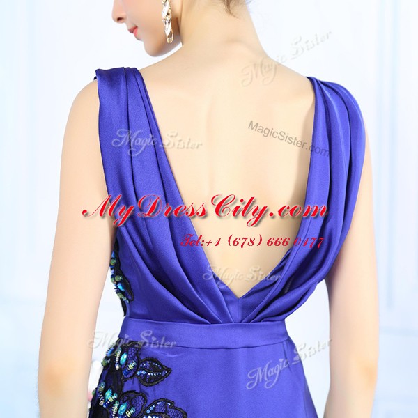 Most Popular Scoop Sleeveless Prom Dress Floor Length Appliques Blue Satin