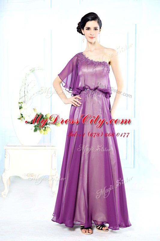 Chiffon One Shoulder Half Sleeves Side Zipper Beading Prom Party Dress in Purple