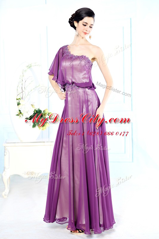 Chiffon One Shoulder Half Sleeves Side Zipper Beading Prom Party Dress in Purple