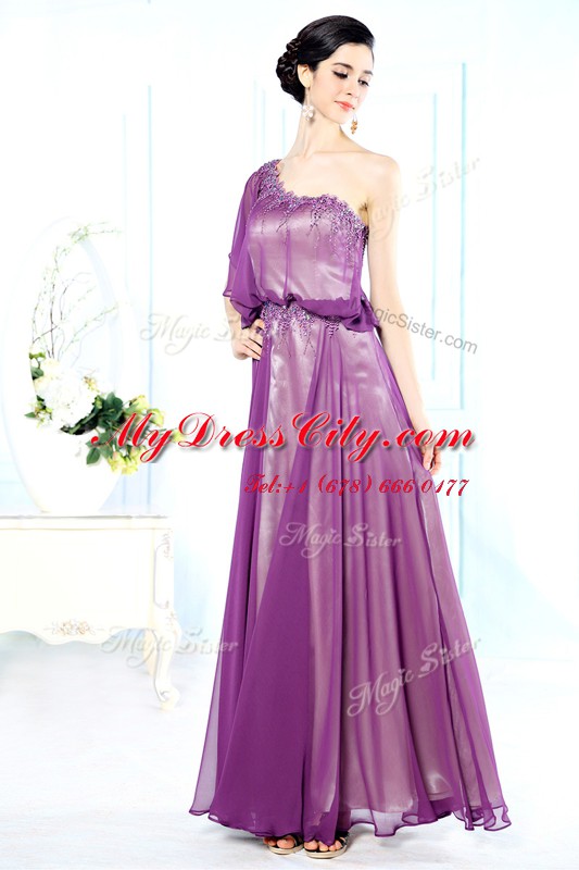 Chiffon One Shoulder Half Sleeves Side Zipper Beading Prom Party Dress in Purple