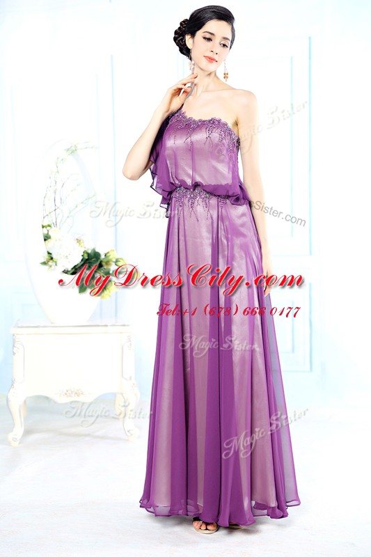 Chiffon One Shoulder Half Sleeves Side Zipper Beading Prom Party Dress in Purple