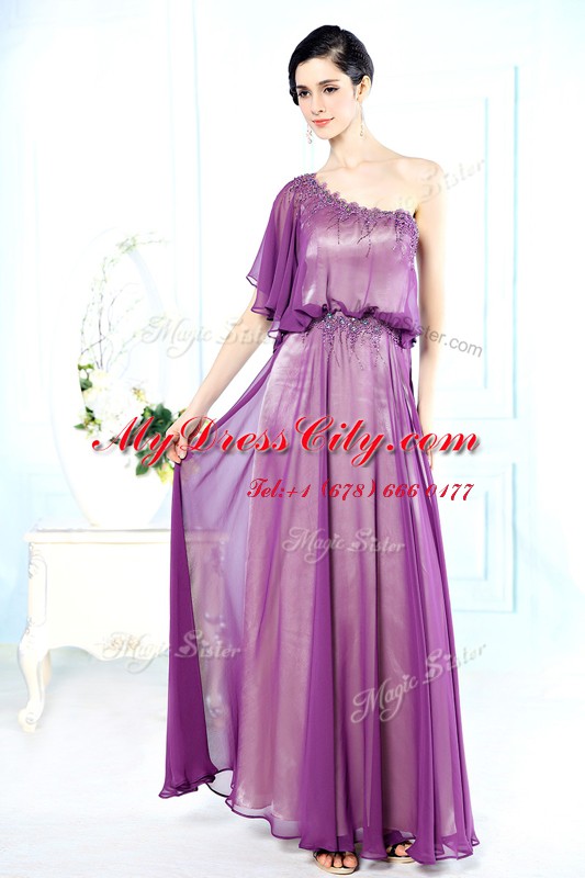 Chiffon One Shoulder Half Sleeves Side Zipper Beading Prom Party Dress in Purple