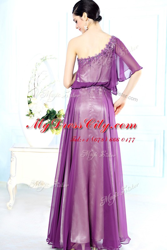 Chiffon One Shoulder Half Sleeves Side Zipper Beading Prom Party Dress in Purple