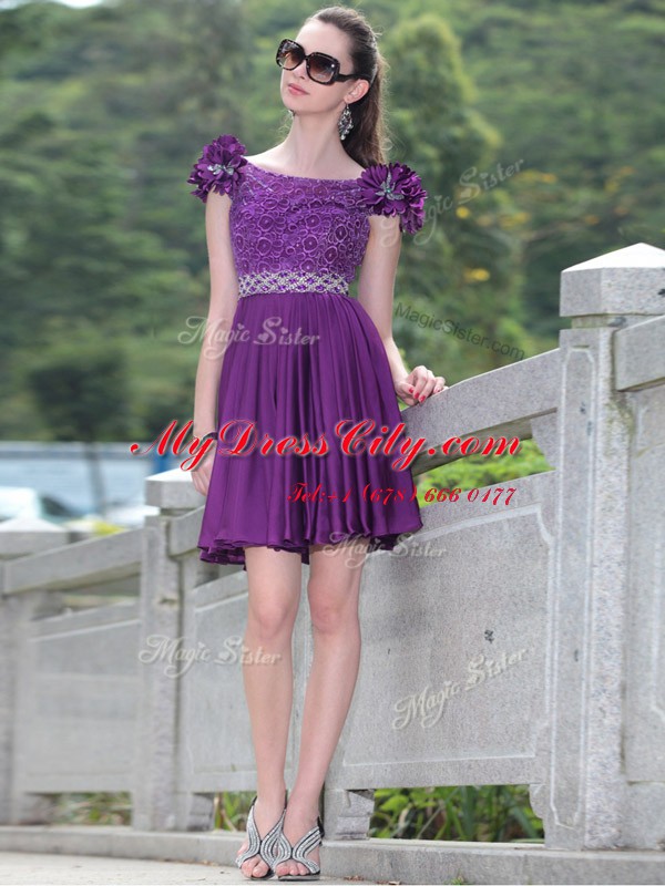 Comfortable Scoop Sleeveless Zipper Knee Length Beading and Hand Made Flower Prom Dresses