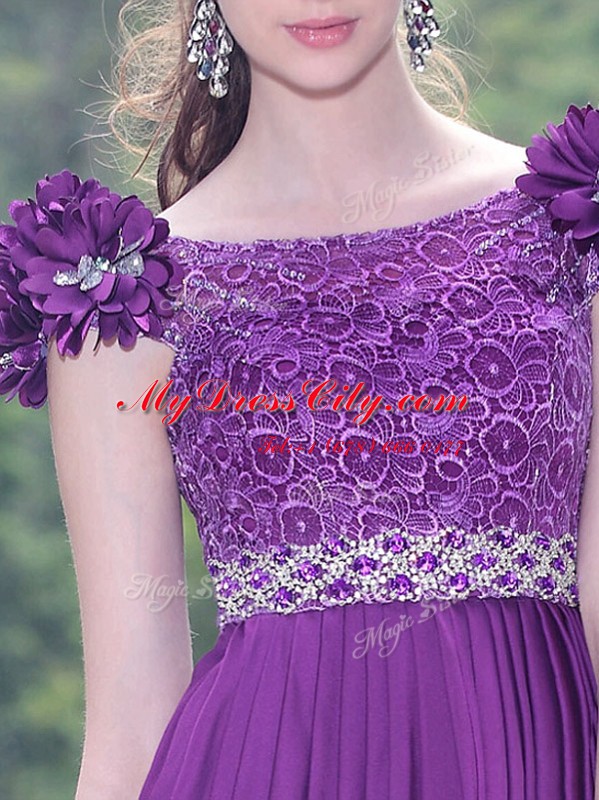 Comfortable Scoop Sleeveless Zipper Knee Length Beading and Hand Made Flower Prom Dresses