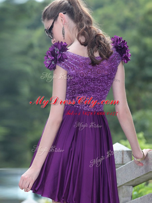 Comfortable Scoop Sleeveless Zipper Knee Length Beading and Hand Made Flower Prom Dresses