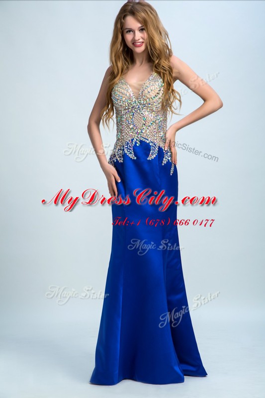 Royal Blue Dress for Prom Prom and For with Beading V-neck Sleeveless Backless