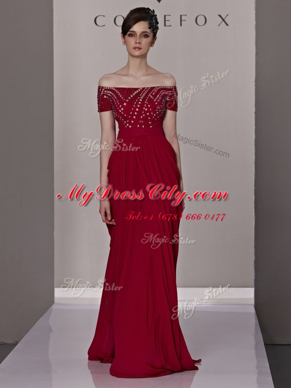 Best Selling Floor Length Red Prom Dresses Off The Shoulder Short Sleeves Zipper