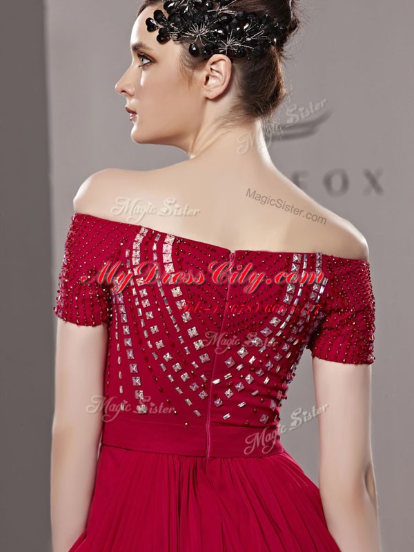 Best Selling Floor Length Red Prom Dresses Off The Shoulder Short Sleeves Zipper