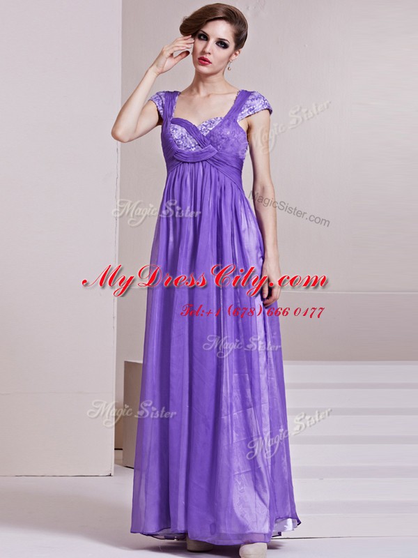 Custom Fit Cap Sleeves Side Zipper Ankle Length Sequins and Ruching Prom Evening Gown