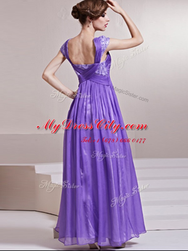 Custom Fit Cap Sleeves Side Zipper Ankle Length Sequins and Ruching Prom Evening Gown