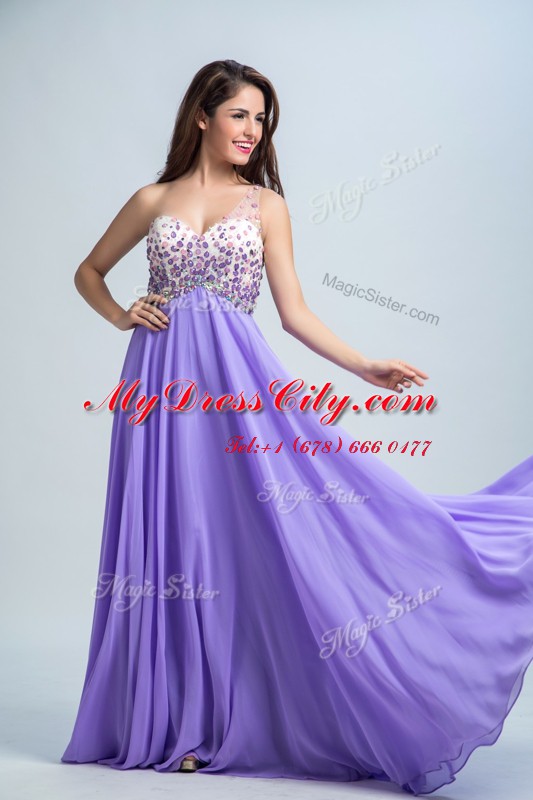 High Quality Lavender One Shoulder Neckline Beading Prom Gown Sleeveless Backless