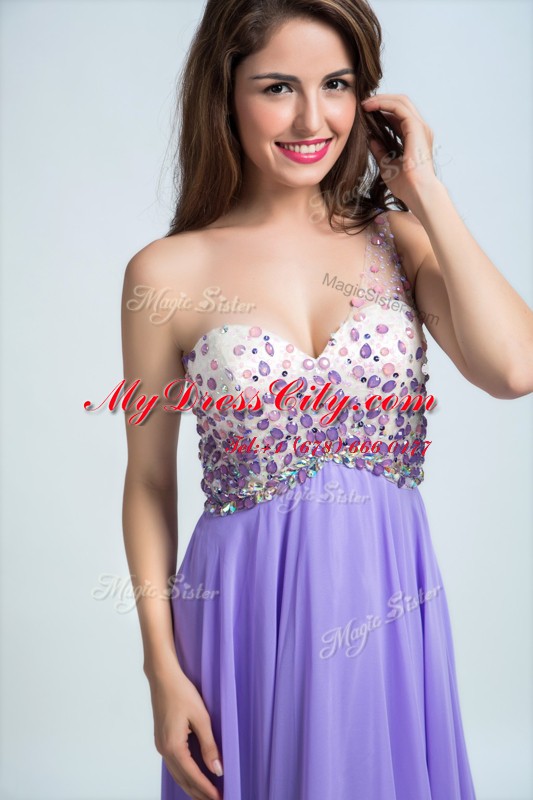 High Quality Lavender One Shoulder Neckline Beading Prom Gown Sleeveless Backless