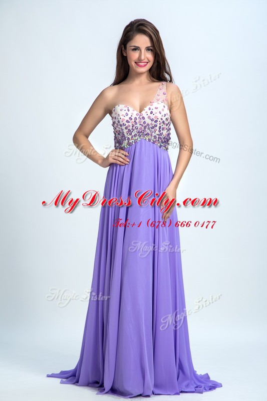 High Quality Lavender One Shoulder Neckline Beading Prom Gown Sleeveless Backless