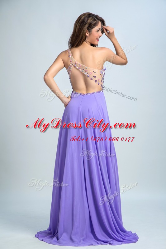 High Quality Lavender One Shoulder Neckline Beading Prom Gown Sleeveless Backless