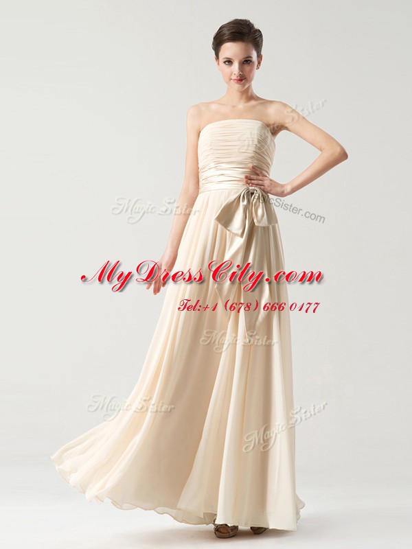 Champagne Column/Sheath Sashes ribbons and Ruching Prom Dress Zipper Chiffon Sleeveless Floor Length