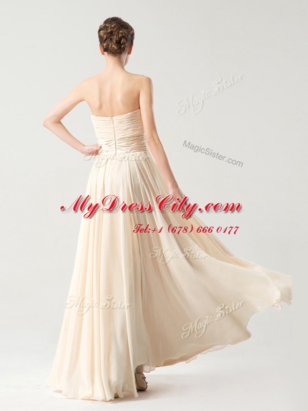 Champagne Column/Sheath Sashes ribbons and Ruching Prom Dress Zipper Chiffon Sleeveless Floor Length