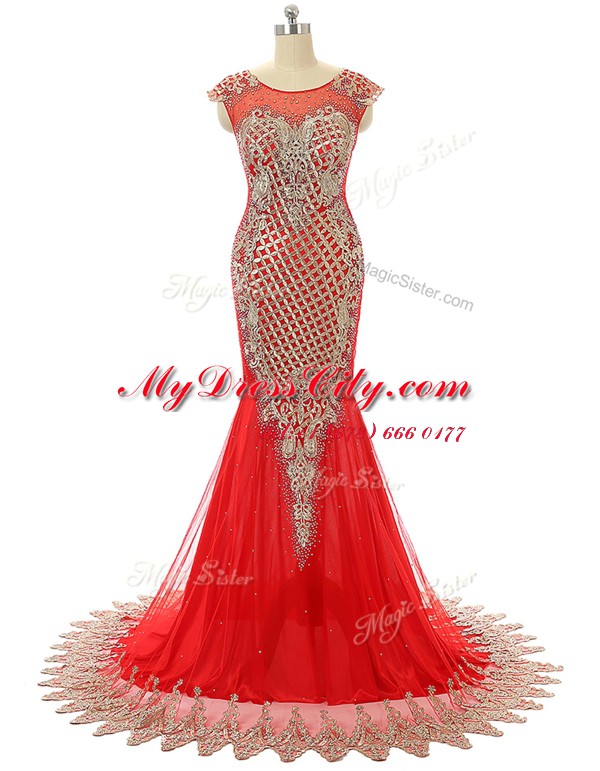 Custom Made Scoop Sleeveless Satin Prom Dresses Beading and Lace Brush Train Zipper