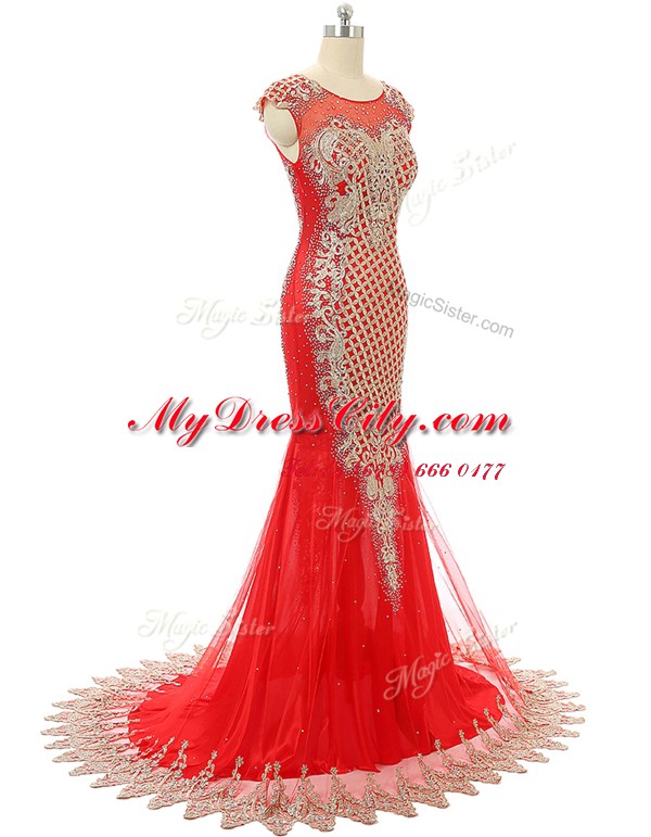 Custom Made Scoop Sleeveless Satin Prom Dresses Beading and Lace Brush Train Zipper