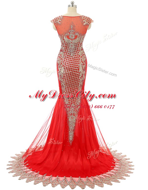 Custom Made Scoop Sleeveless Satin Prom Dresses Beading and Lace Brush Train Zipper