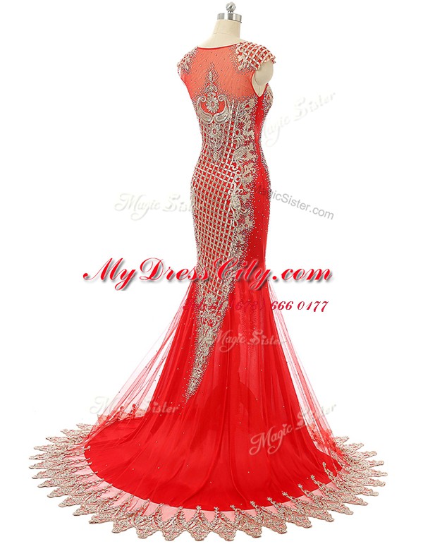 Custom Made Scoop Sleeveless Satin Prom Dresses Beading and Lace Brush Train Zipper