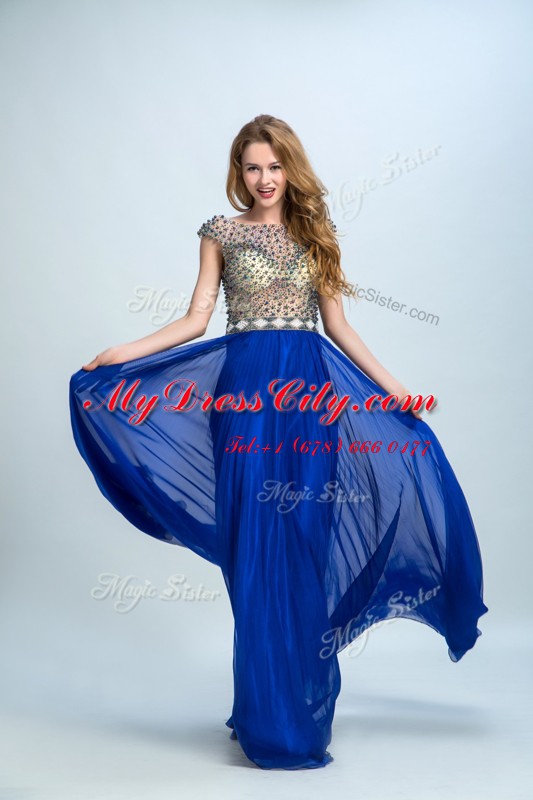 Great Royal Blue Cap Sleeves Chiffon Zipper Prom Evening Gown for Prom and Party