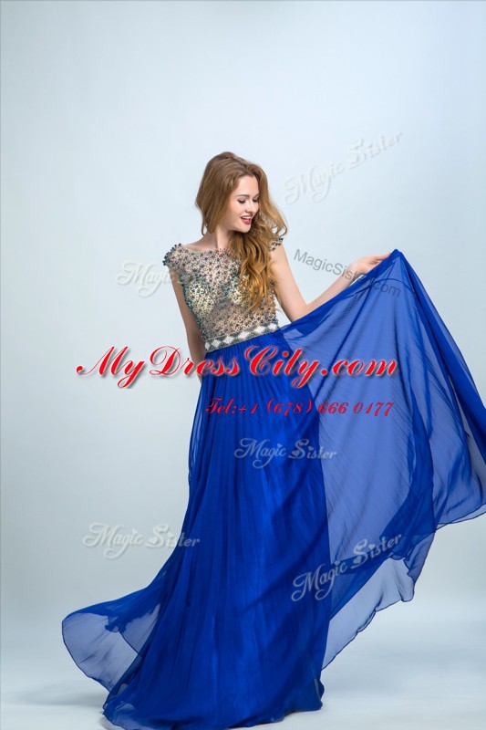 Great Royal Blue Cap Sleeves Chiffon Zipper Prom Evening Gown for Prom and Party