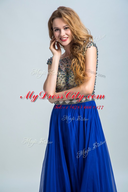 Great Royal Blue Cap Sleeves Chiffon Zipper Prom Evening Gown for Prom and Party