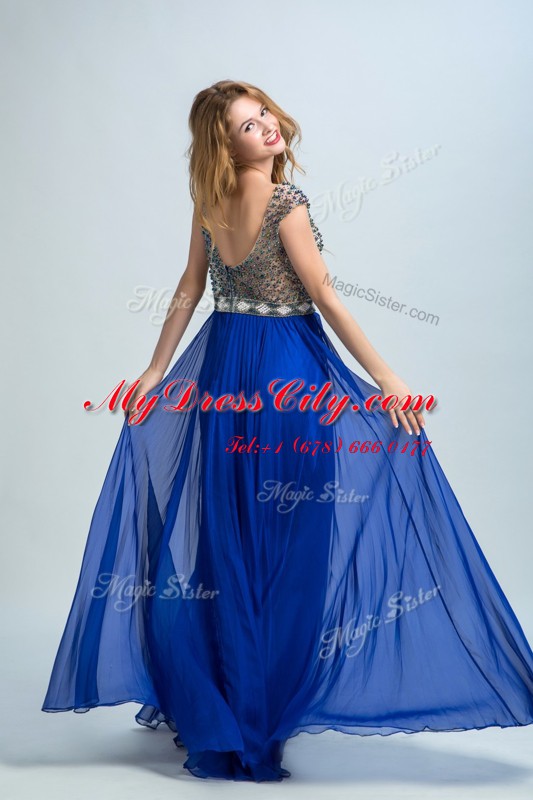 Great Royal Blue Cap Sleeves Chiffon Zipper Prom Evening Gown for Prom and Party