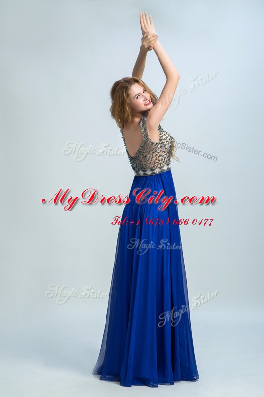 Great Royal Blue Cap Sleeves Chiffon Zipper Prom Evening Gown for Prom and Party