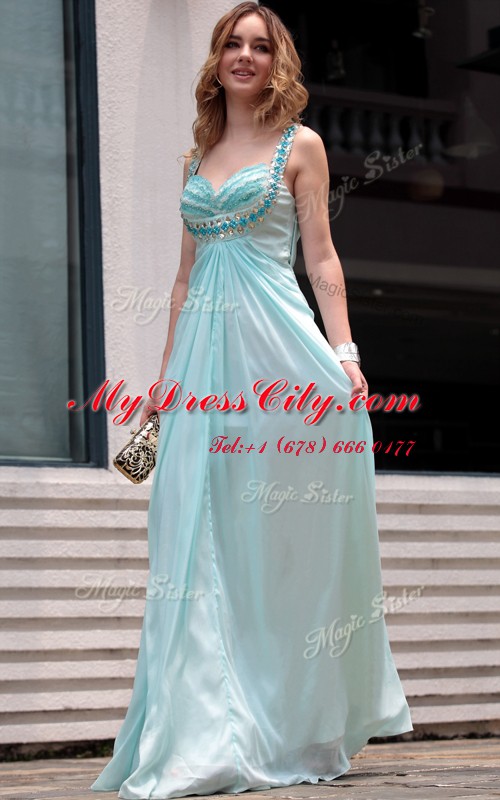 Trendy Sleeveless Chiffon Floor Length Zipper Homecoming Dress in Light Blue with Beading