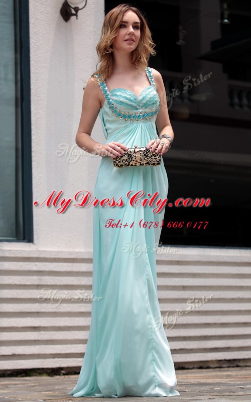 Trendy Sleeveless Chiffon Floor Length Zipper Homecoming Dress in Light Blue with Beading