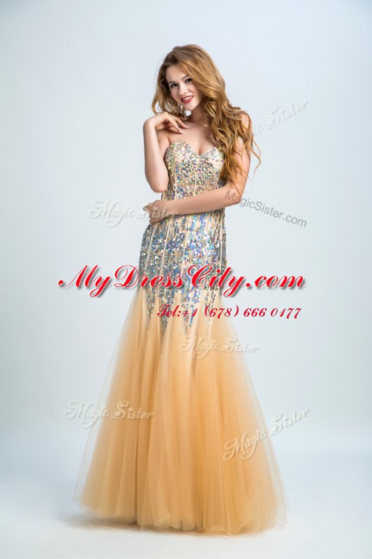 Great Sequins Prom Dress Gold Zipper Sleeveless Floor Length