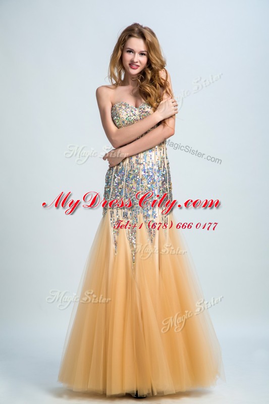 Great Sequins Prom Dress Gold Zipper Sleeveless Floor Length