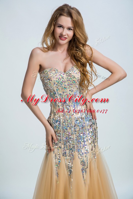 Great Sequins Prom Dress Gold Zipper Sleeveless Floor Length