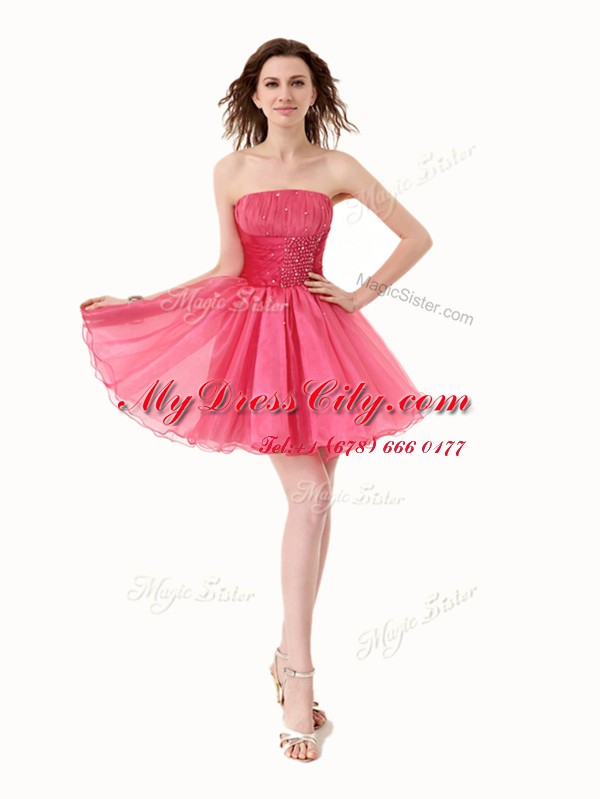 Fashion Hot Pink Organza Lace Up Prom Dresses Sleeveless Knee Length Beading