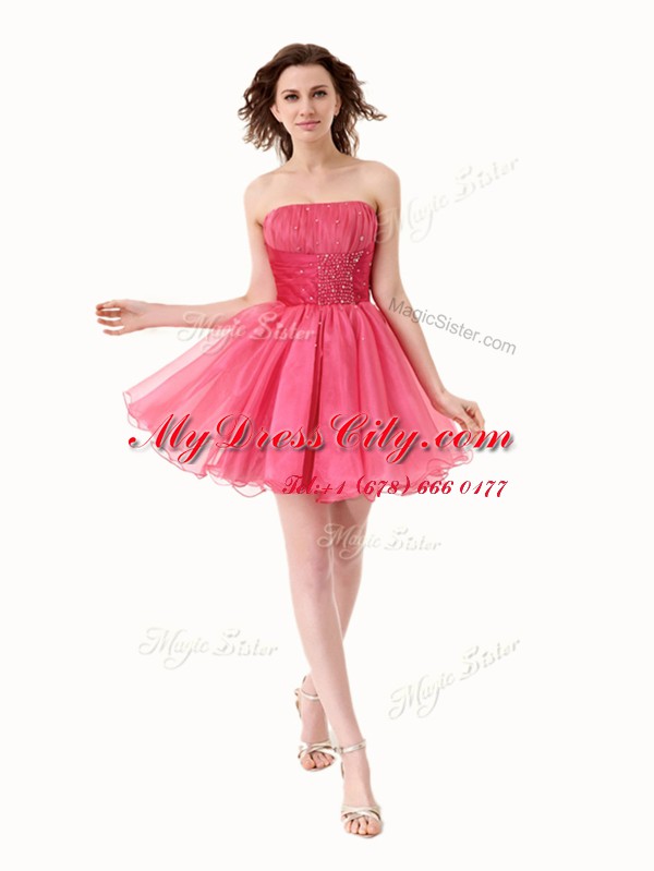 Fashion Hot Pink Organza Lace Up Prom Dresses Sleeveless Knee Length Beading