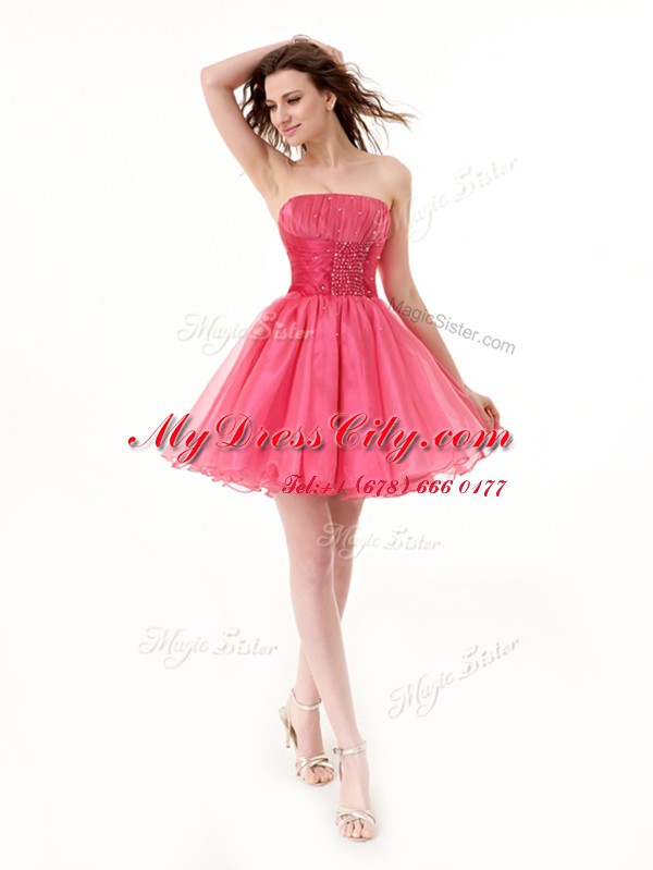 Fashion Hot Pink Organza Lace Up Prom Dresses Sleeveless Knee Length Beading