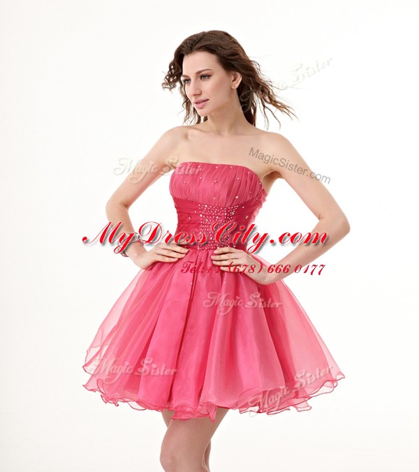 Fashion Hot Pink Organza Lace Up Prom Dresses Sleeveless Knee Length Beading