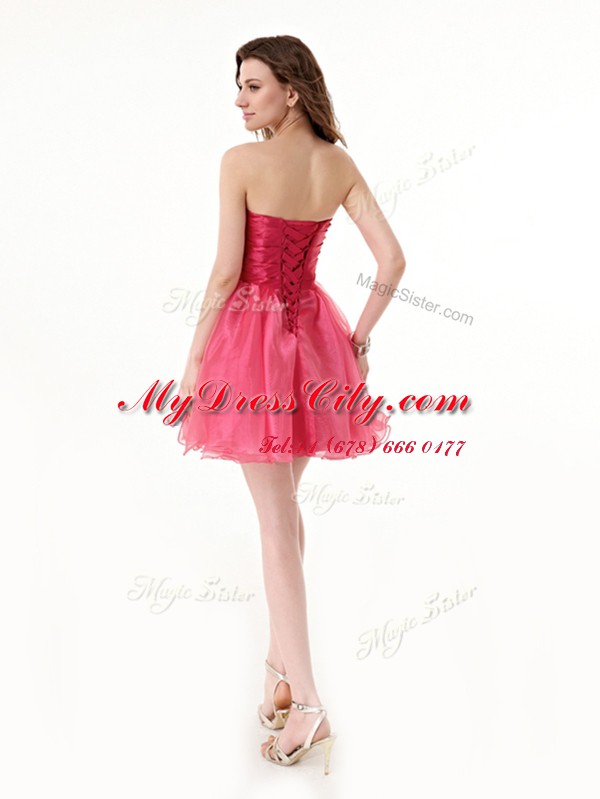 Fashion Hot Pink Organza Lace Up Prom Dresses Sleeveless Knee Length Beading