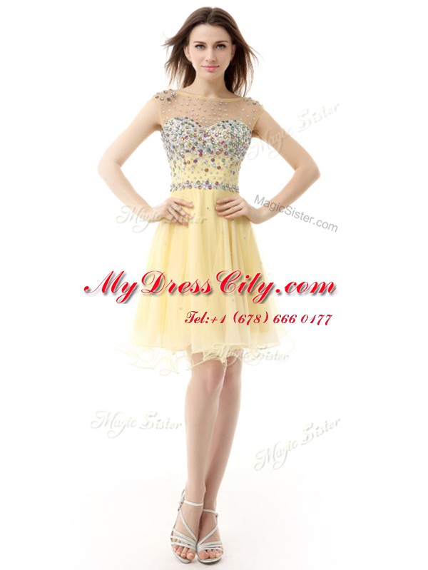 High Class Knee Length Empire Sleeveless Light Yellow Prom Dresses Zipper