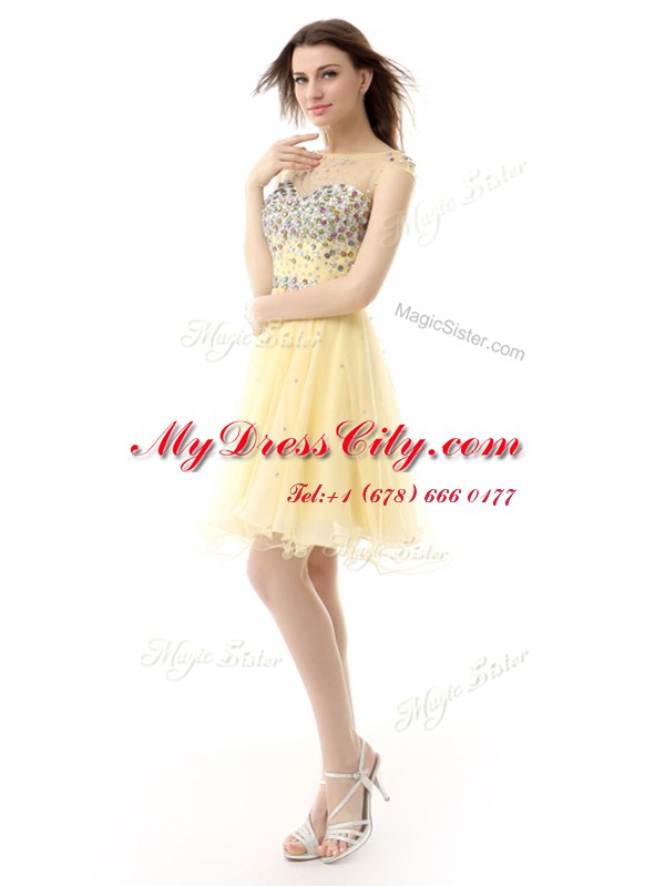 High Class Knee Length Empire Sleeveless Light Yellow Prom Dresses Zipper