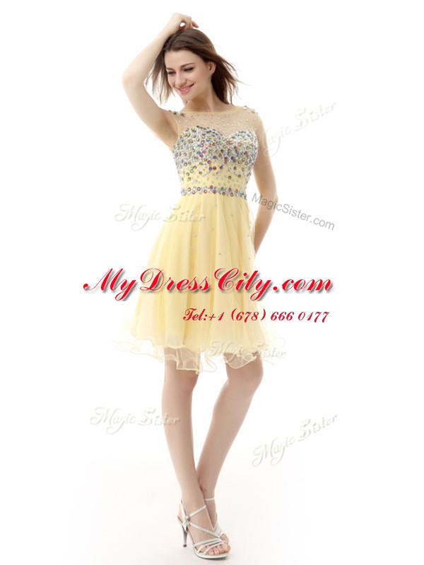 High Class Knee Length Empire Sleeveless Light Yellow Prom Dresses Zipper