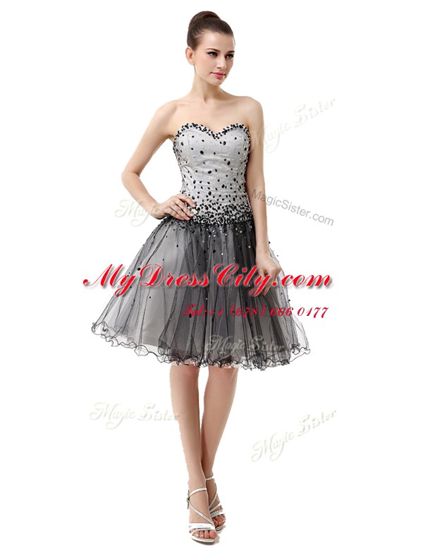 Black Organza Lace Up Prom Gown Sleeveless Knee Length Beading and Ruffled Layers and Ruching