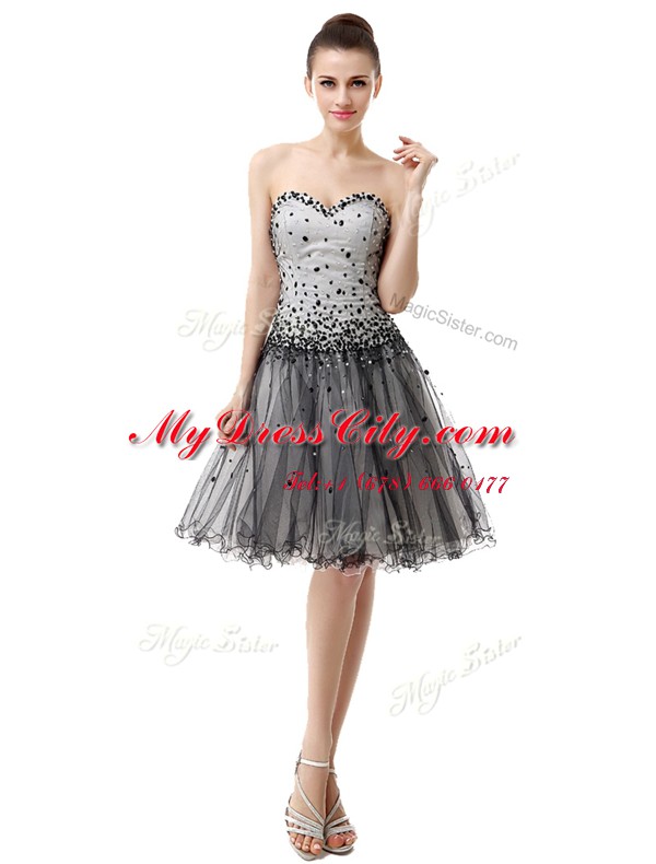 Black Organza Lace Up Prom Gown Sleeveless Knee Length Beading and Ruffled Layers and Ruching