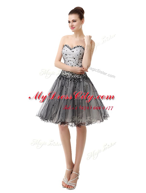 Black Organza Lace Up Prom Gown Sleeveless Knee Length Beading and Ruffled Layers and Ruching