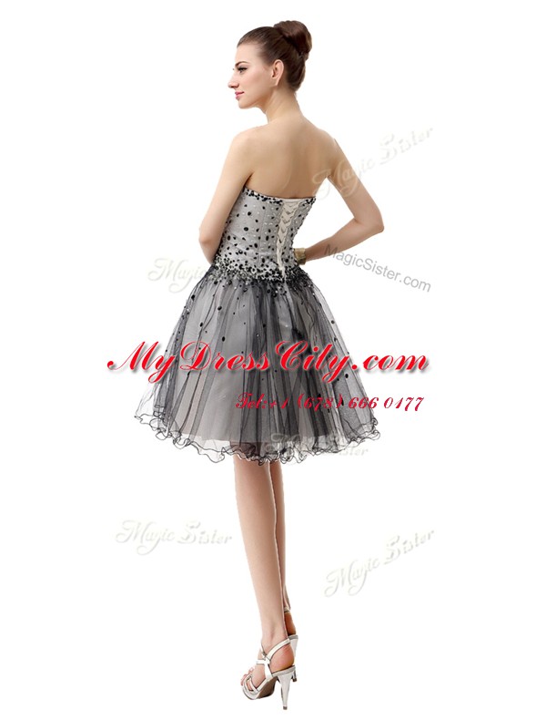 Black Organza Lace Up Prom Gown Sleeveless Knee Length Beading and Ruffled Layers and Ruching