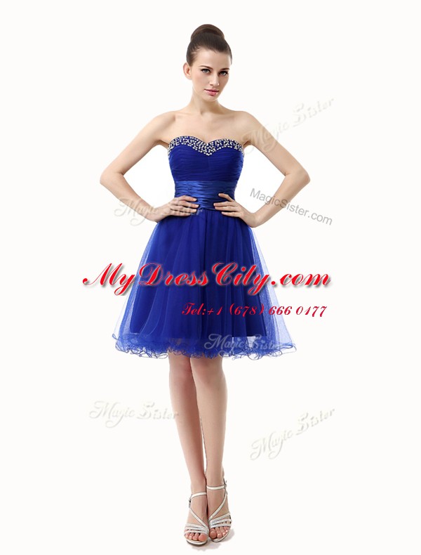 Royal Blue Sleeveless Ruffled Layers and Sequins and Ruching Knee Length Prom Dresses