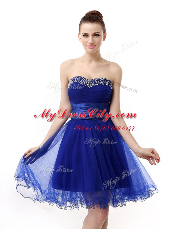 Royal Blue Sleeveless Ruffled Layers and Sequins and Ruching Knee Length Prom Dresses